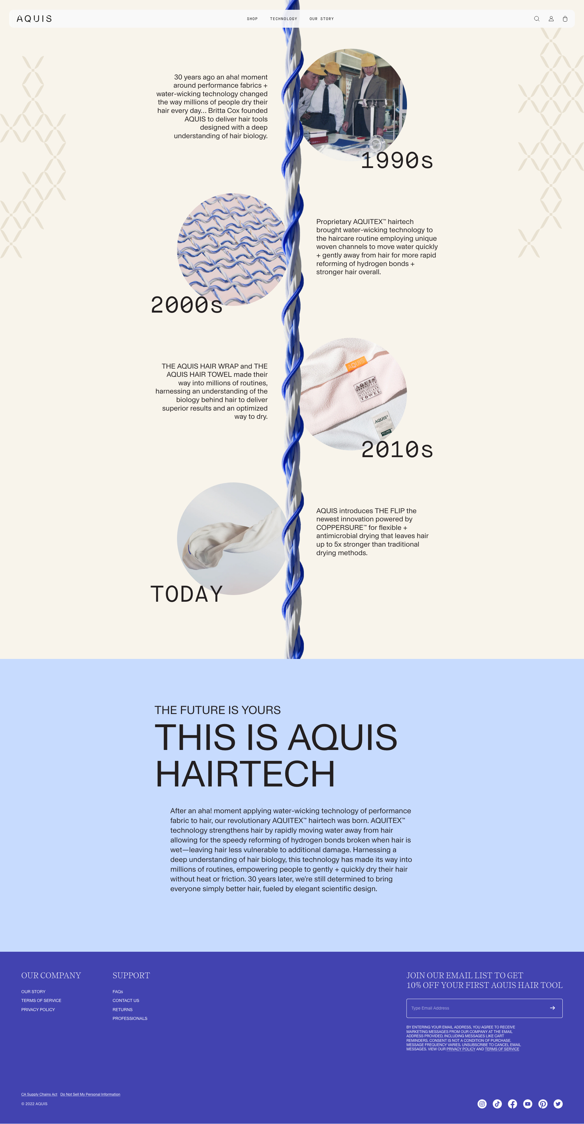 AQUIS Landing Page Example: At AQUIS, we use science to simplify your hair care routine. Our products cut drying time by 50%, protect hair from frizz and prime it for effortless styling.