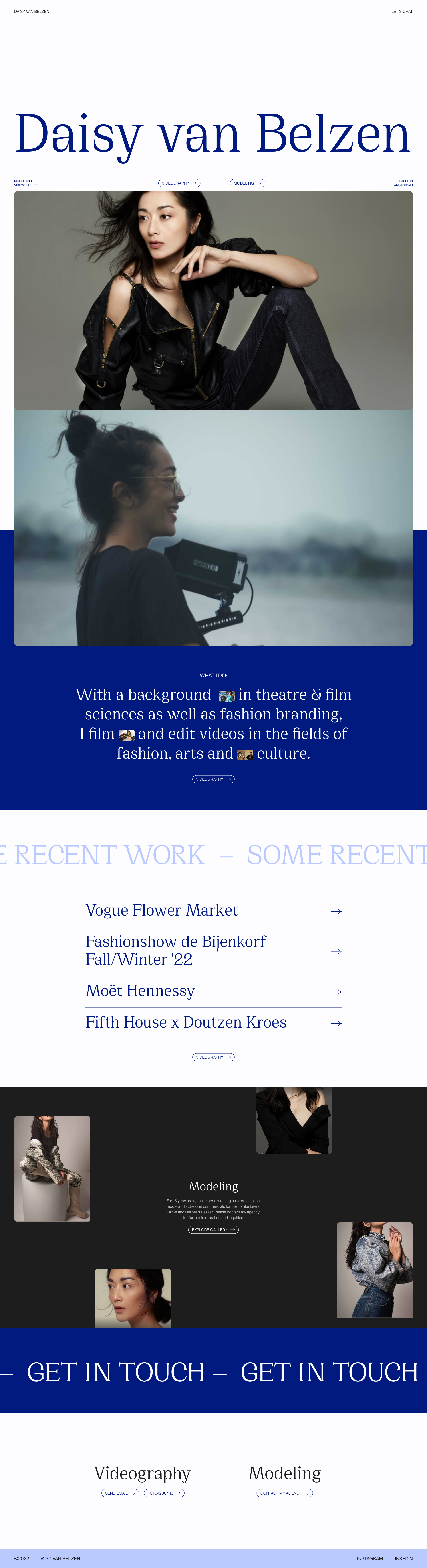 Daisy van Belzen Landing Page Example: With a background in theatre & film sciences as well as fashion branding, I film and edit videos in the fields of fashion, arts and culture.