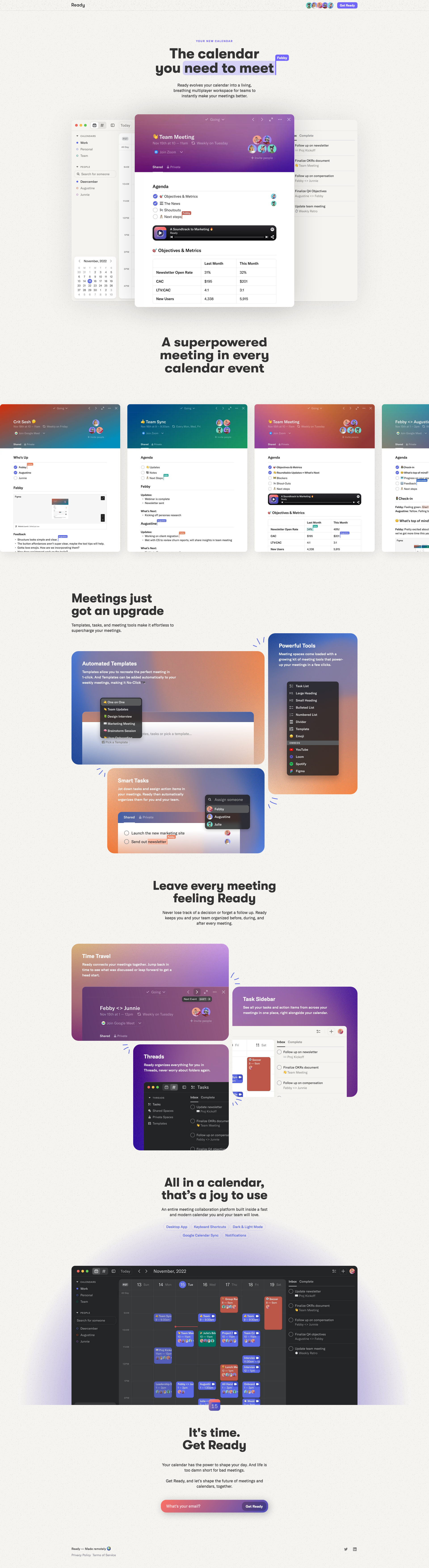 Ready Landing Page Example: The calendar you need to meet. Ready evolves your calendar into a living, breathing multiplayer workspace for teams to instantly make your meetings better.